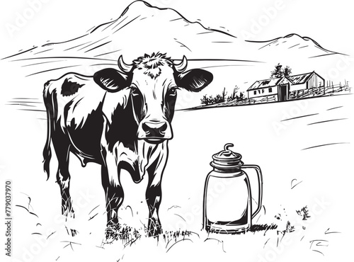 Nourishing Naturals Cow and Milk Can Vector Design in Organic Setting Country Charm Grass Farm Logo with Cow and Milk Can