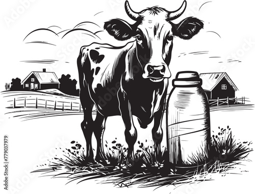 Utterly Delicious Cow and Milk Can Vector Design in Rich Grasslands Dairyland Dreams Grass Farm Logo with Cow and Milk Can