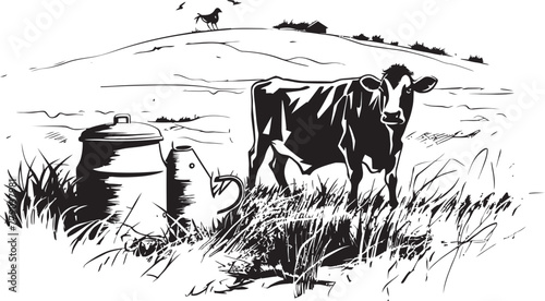 Pastoral Perfection Grass Farm Icon with Cow and Milk Can Utterly Delicious Cow and Milk Can Vector Design in Rich Grasslands