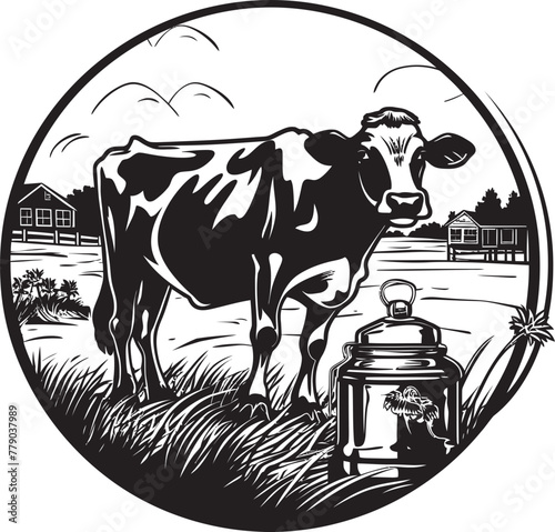 Pastoral Perfection Cow with Milk Can Farm Icon Rural Riches Milk Can Grass Farm Vector Design