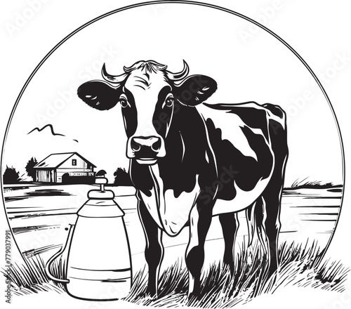 Wholesome Farmstead Cow and Milk Can Vector Design in Quaint Farmstead Verdant Valley Vista Grass Farm Logo with Cow and Milk Can
