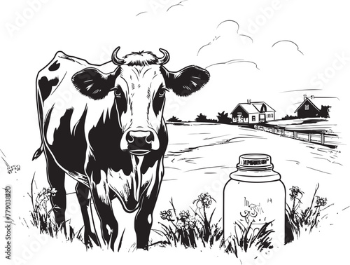 Grazing Goodness Cow with Milk Can Icon Meadow Milk Marvel Grass Farm Vector Logo with Dairy Cow
