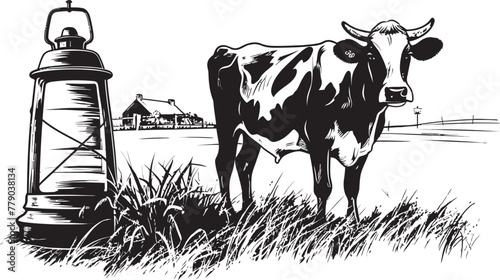 Green Grazing Galore Cow with Milk Can Emblem Organic Oasis Milk Can Grass Farm Vector Design