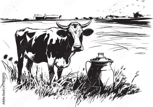 Dairy Delight Grass Farm Vector Logo with Bovine Companion Creamy Countryside Cow with Milk Can Emblem