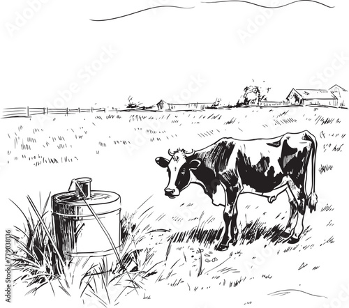 Dairy Dreamland Cow with Milk Can Emblem Meadow Milk Marvel Milk Can Grass Farm Vector Design