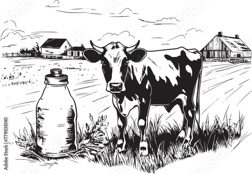 Pastoral Perfection Milk Can Grass Farm Vector Logo Moo Magic Cow with Milk Can Icon