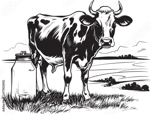 Meadow Milk Marvel Milk Can Grass Farm Vector Design Bovine Bounty Grass Farm Vector Logo with Cow