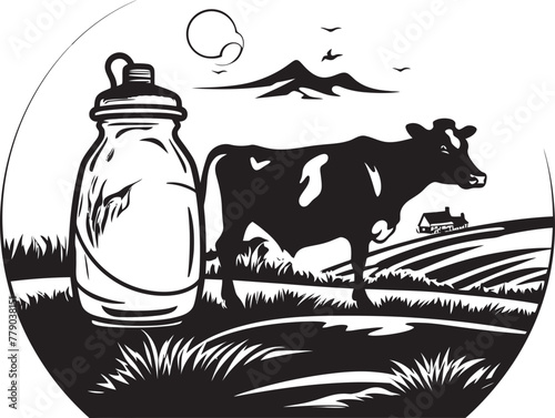 Creamy Countryside Cow with Milk Can Emblem Pastoral Perfection Milk Can Grass Farm Vector Logo