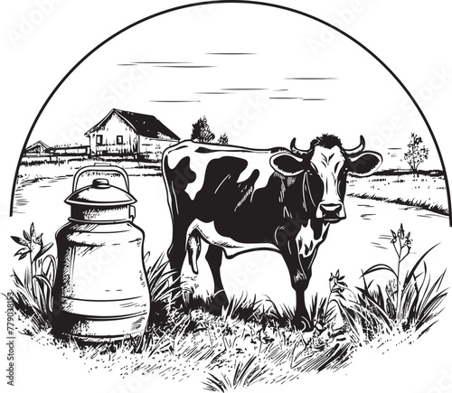 Bovine Bounty Grass Farm Vector Logo with Cow Utterly Delicious Cow with Milk Can Emblem
