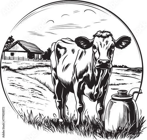 Rustic Creamery Milk Can Grass Farm Vector Logo Grazing Goodness Grass Farm Vector Logo with Bovine Companion