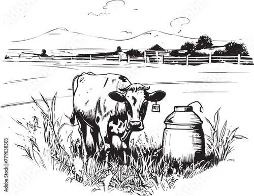 Dairy Dreamland Grass Farm Vector Logo with Bovine Companion Green Grazing Galore Cow with Milk Can Emblem