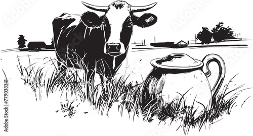 Pastoral Perfection Grass Farm Vector Logo with Dairy Cow Moo Magic Cow with Milk Can Emblem