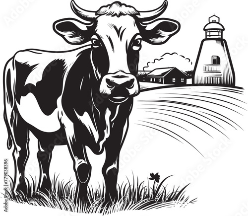 Moo Magic Cow with Milk Can Emblem Bovine Bounty Milk Can Grass Farm Vector Design