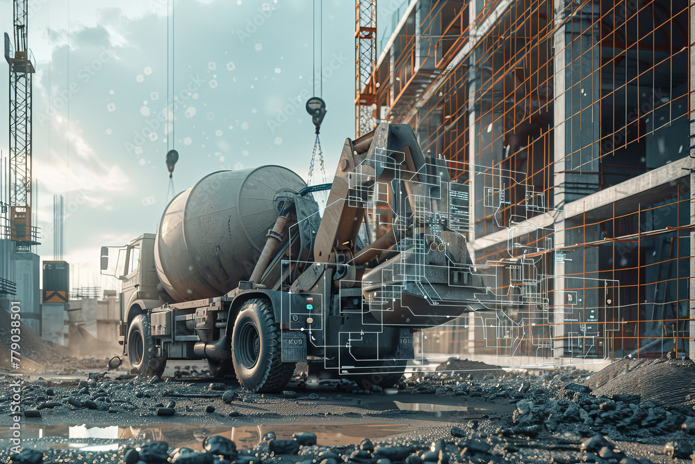 A construction site with a large cement mixer and a crane A construction site with a large cement mixer and a crane