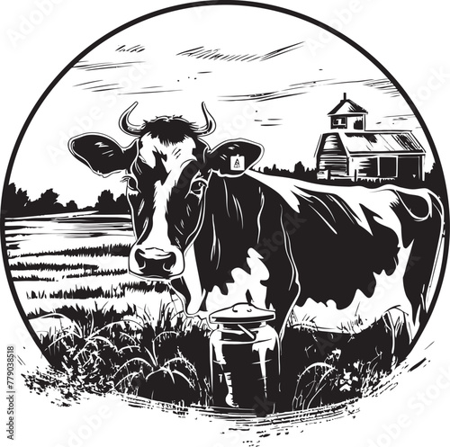 Green Grazing Galore Cow with Milk Can Emblem Organic Oasis Milk Can Grass Farm Vector Design