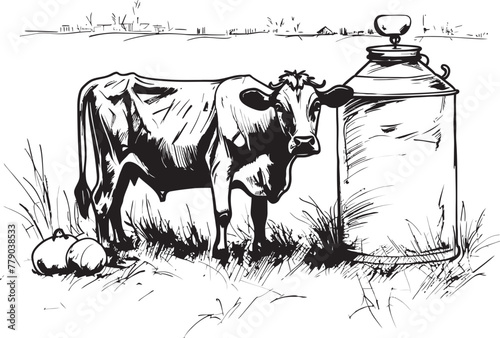 Rustic Creamery Grass Farm Vector Logo with Cow Utterly Delicious Cow with Milk Can Emblem