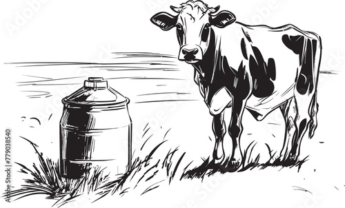 Utterly Delicious Cow with Milk Can Emblem Grazing Goodness Milk Can Grass Farm Vector Logo
