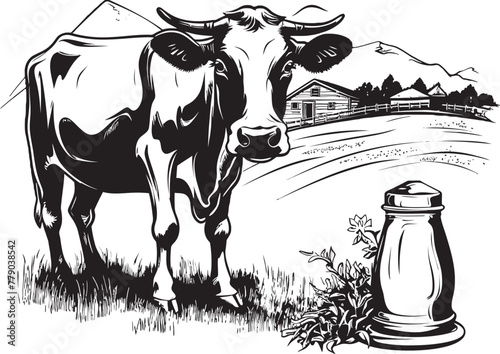 Moo licious Pastures Grass Farm Vector Logo with Cow Dairy Delight Cow with Milk Can Emblem