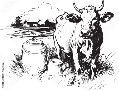 Moo licious Pastures Grass Farm Vector Logo with Cow Dairy Delight Cow with Milk Can Emblem
