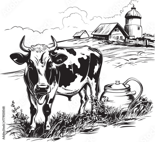 Creamy Countryside Milk Can Grass Farm Vector Logo Pastoral Perfection Grass Farm Vector Logo with Dairy Cow