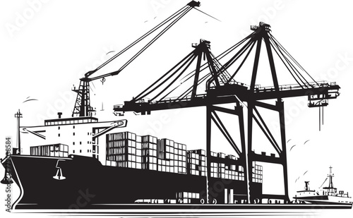 Industrial Shipping Solutions Crane Loading to Cargo Ship Vector Logo Port Powerhouse Industrial Cargo Ship Loading Crane Vector Icon