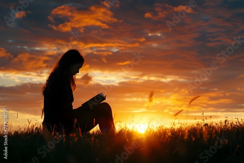 Silhouette female person reading book  sunset serene nature. Tranquil place   education  peace