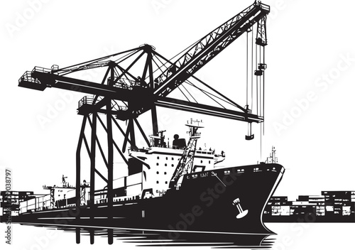 Oceanic Odyssey Crane Loading to Cargo Ship Vector Emblem Nautical Navigation Industrial Cargo Ship Loading Crane Icon Design