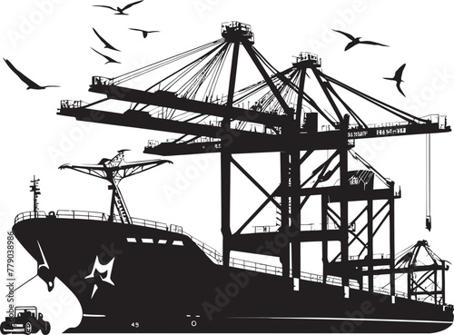 Nautical Nobility Industrial Cargo Ship Loading Crane Logo Icon Dockside Dominance Crane Loading to Cargo Ship Vector Emblem
