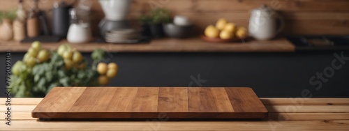 Wooden kitchen cutting board on a countertop © Bi