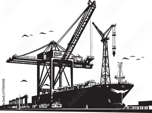 Oceanic Overdrive Industrial Ship Loading Vector Icon Freight Forwarders Crane Loading to Cargo Ship Emblem