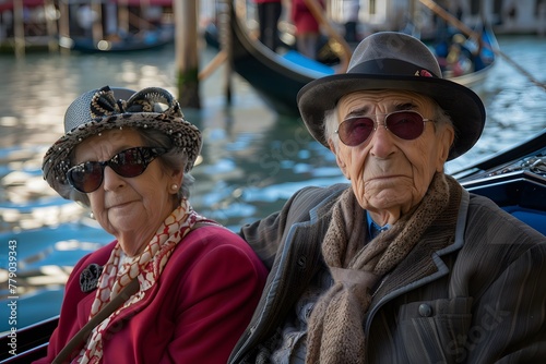 Elderly couple enjoys serene gondola ride on Venice canal. Hobbie, liesure, travel