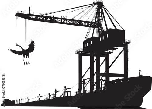 Port Prowess Crane Loading Cargo Ship Logo Design Oceanic Overdrive Industrial Ship Loading Vector Icon