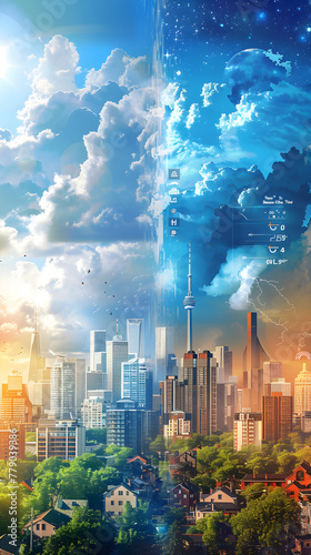Digital Illustration of Weather Forecast across Urban Cityscape