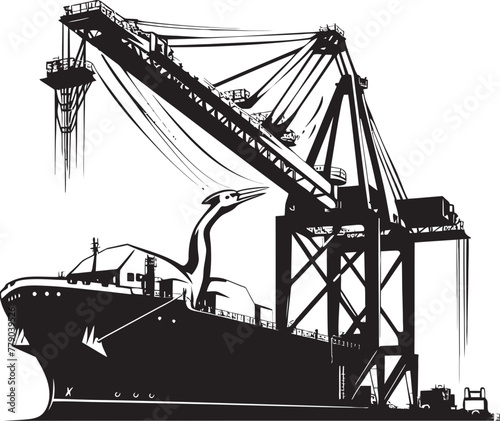 Oceanic Odyssey Crane Loading to Cargo Ship Vector Emblem Nautical Nobility Industrial Ship Loading Logo Icon