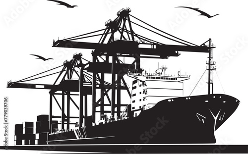 Cargo Commanders Industrial Ship Loading Logo Icon Seafaring Strategies Crane Loading to Cargo Ship Vector Design