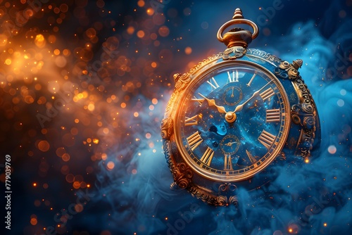 Vintage pocket watch floating amid mystical glows, Time transience concept