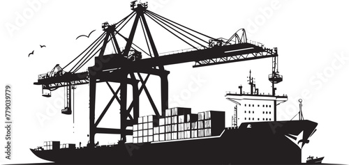Cargo Commanders Industrial Ship Loading Logo Icon Seafaring Strategies Crane Loading to Cargo Ship Vector Design