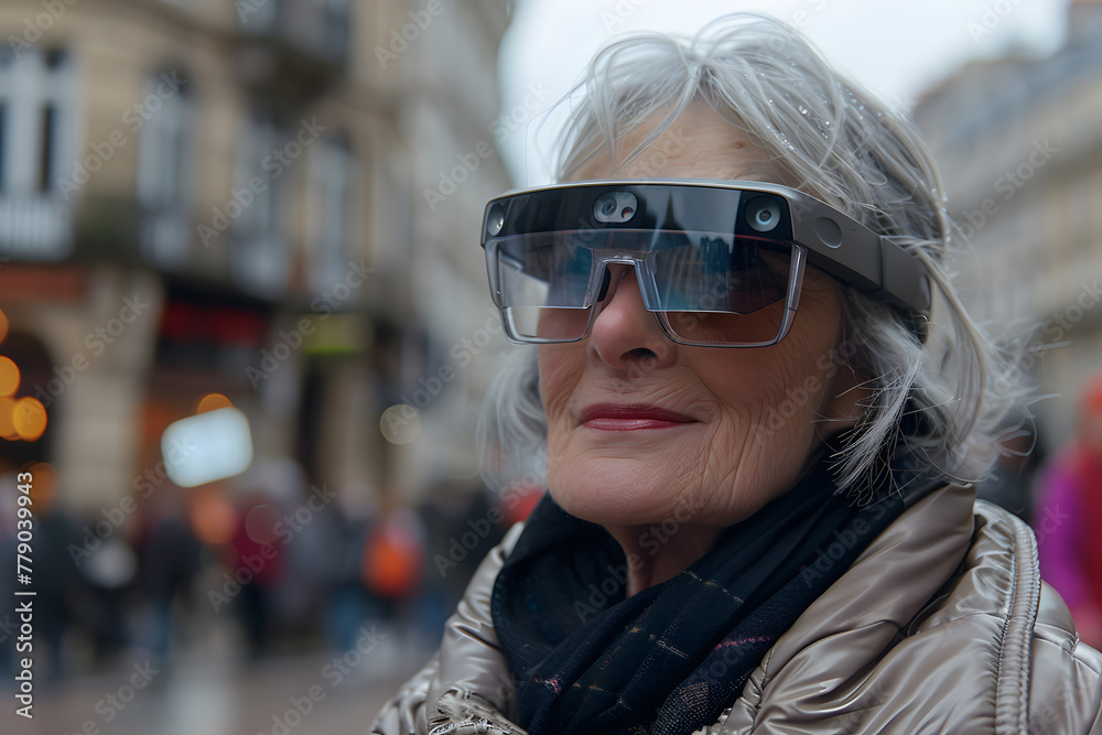 Stylish senior woman, city, mixed reality glasses. Selective focus, modern aging Stylish senior woman, city, mixed reality glasses. Selective focus, modern aging