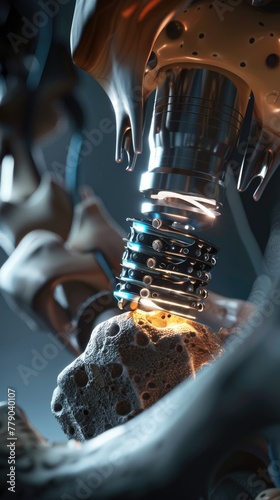 Hyper-realistic view of a cybernetic implant being inserted into osteoporotic bone, with surgical lights casting deep shadows, 3D illustration photo