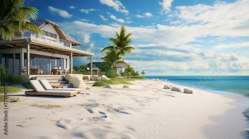 A photo of a beachfront property with white sand.