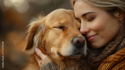 Gentle embrace between a woman and her loving golden retriever, Generative AI