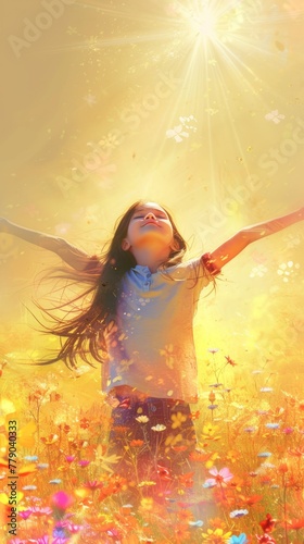Little girl enjoying the sun in a field of flowers