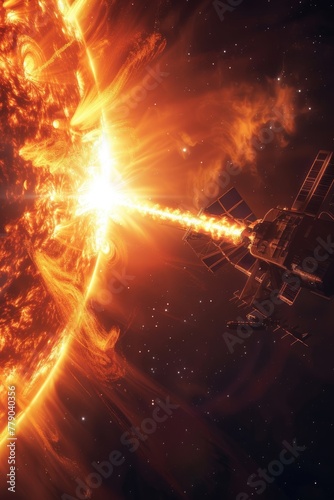 Detailed  moody illustration of a fire bow that controls solar flares  aimed toward the sun from a dark observatory  3D illustration