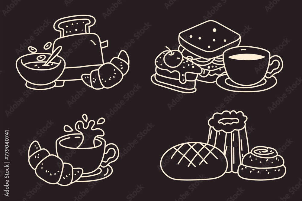 Morning breakfast meal with coffee line art isolated set. Vector graphic design illustration