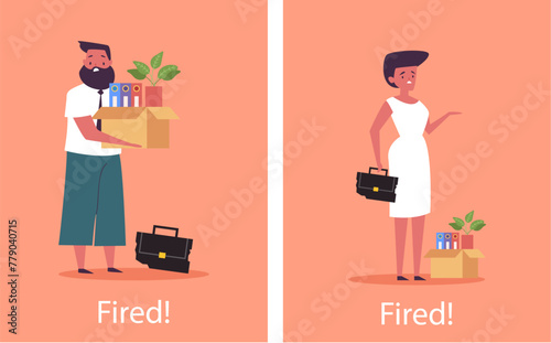 Business people office worker character lost job. Being hired and fired concept. Vector design graphic flat cartoon isolated illustration