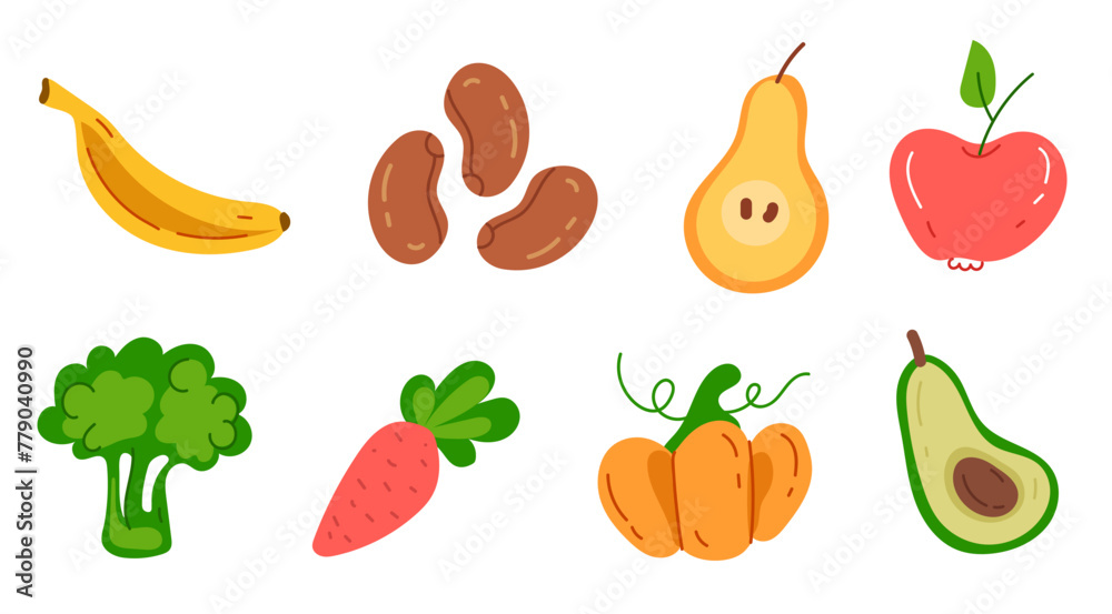 Fruits and vegetables isolated simple set. Vector doodle hand drawn graphic design illustration Fruits and vegetables isolated simple set. Vector doodle hand drawn graphic design illustration