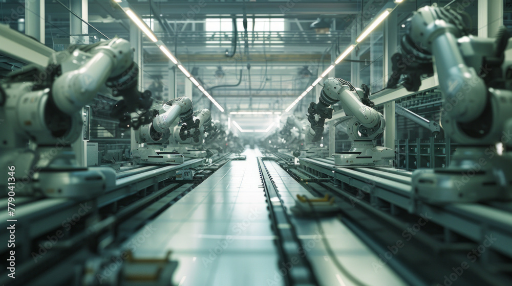 A large-scale automotive manufacturing plant, with rows of robotic arms and assembly lines, temporarily silent but poised to produce a vast array of vehicles