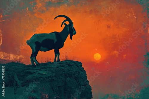 Majestic mountain goat standing on cliff edge with sun setting in background  creating dramatic silhouette landscape