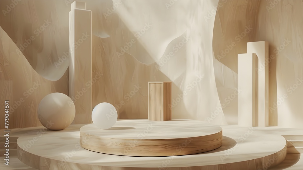 Minimalist Geometric Scene with Wooden Podium at the Center Surrounded by Soft Muted Tones and Shapes in a Sleek Contemporary Design Minimalist Geometric Scene with Wooden Podium at the Center Surrounded by Soft Muted Tones and Shapes in a Sleek Contemporary Design