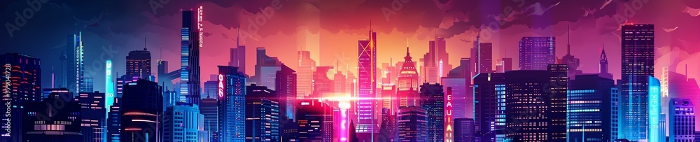 A dramatic illustration of a cityscape with half in bright neon lights (bubble) and half in darkness (recession), showing economic contrast